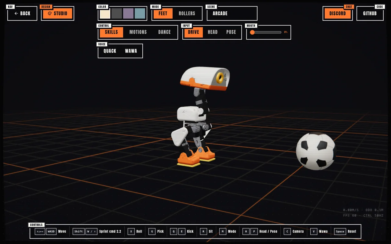 The Duck simulator running in a browser: the robot walks on a grid floor next to a ball.